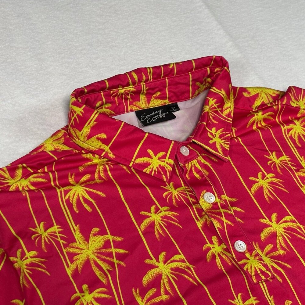 Sunday Swagger Polo Shirt Mens XL Pink/Yellow Plam Tree Performance Stretch Golf